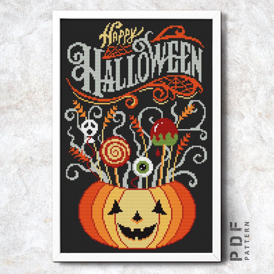 Happy Halloween Cross Stitch Pattern PDF Pumpkin Embroidery Design ...
