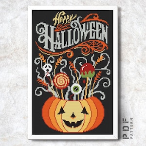 Happy Halloween cross stitch pattern PDF Pumpkin embroidery design Simple cross stitch chart Jack O Lantern Autumn Sampler