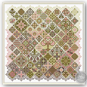 May include: A cross stitch pattern featuring a colourful patchwork design with geometric shapes and floral motifs in shades of green, brown, and pink.