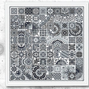 Geometric Cross Stitch Sampler PDF Pattern – Quaker Tile Blackwork Embroidery, Monochrome Needlepoint, Instant Download, Modern Decor 107