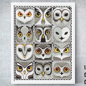 Może przedstawiać: Wzór do haftu krzyżykowego przedstawiający 12 różnych twarzy sów ułożonych w siatkę. Każda sowa ma unikalny wzór z różnymi kolorami i wzorami. Sowy są wszystkie zwrócone twarzą do przodu z otwartymi oczami.