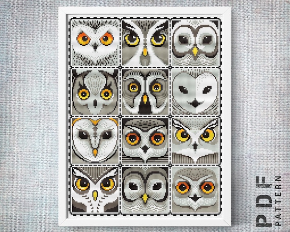 Preview of Patchwork Owls Cross Stitch Sampler xstitch Geometric owls cross stitch chart Pattern PDF Simple Embroidery Primitive Easy by NARAxStitchPatterns