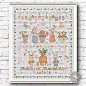 Schema punto croce di Pasqua PDF - Sampler primaverile con coniglietto, uova, carote, fiori, ricamo moderno, download immediato per decorazioni fai da te 420