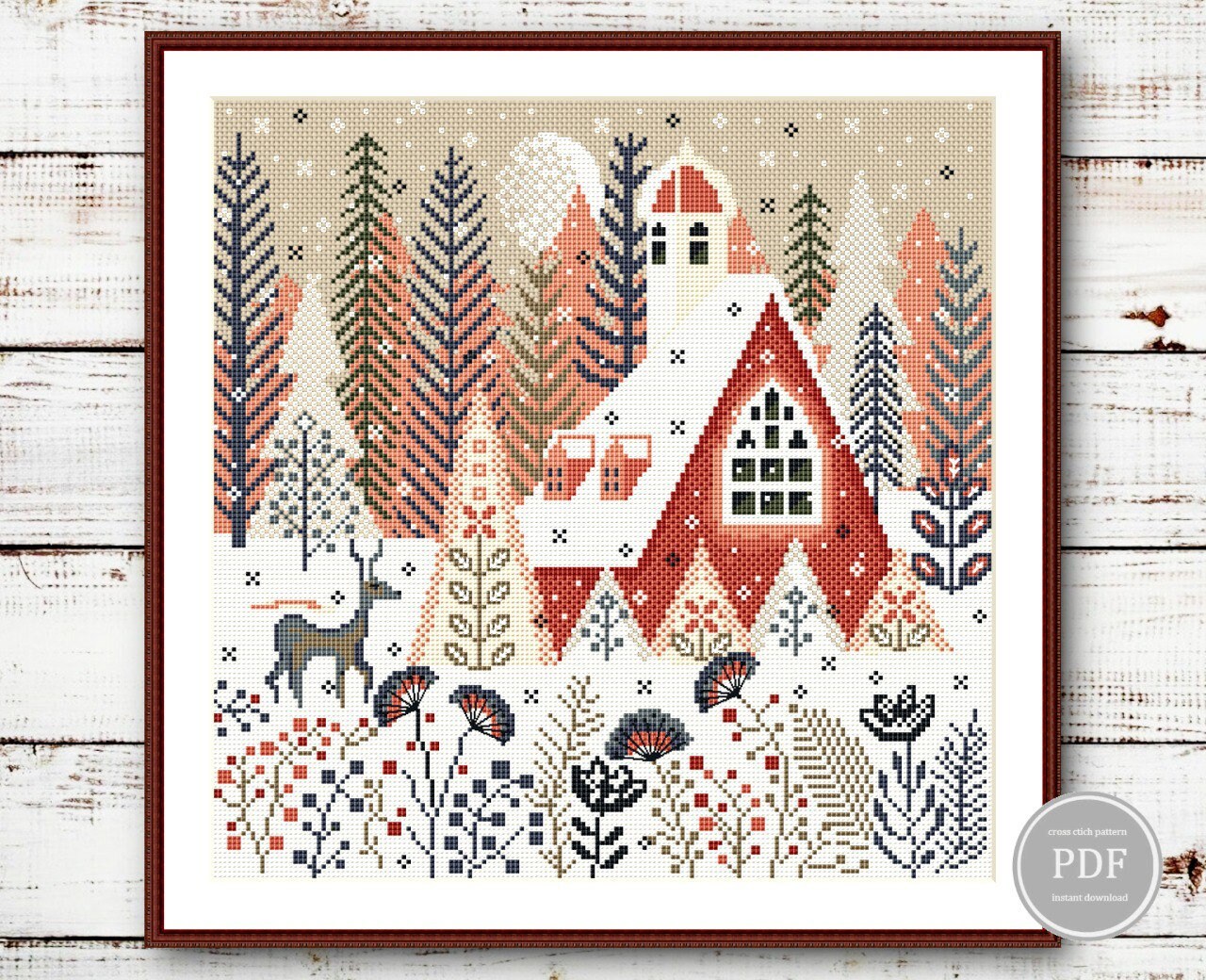 Winter Deer Cross Stitch PDF Pattern – Scandinavian House & Forest ...