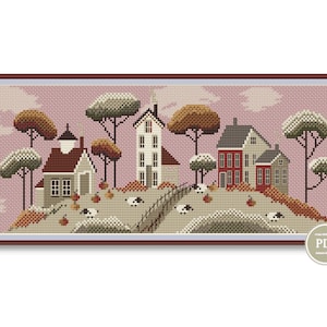 Cross Stitch Pattern Sampler Pumpkins Autumn Village Embroidery Fall  Sheep Digital PDF File