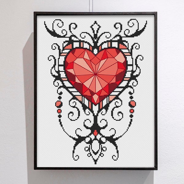 Valentines cross stitch pattern Gothic heart cross stitch Counted cross stitch chart Simple embroidery Easy cross stitch Primitive