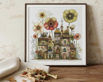 Patrón de punto de cruz de pueblo en PDF, casas florales caprichosas, arte mural estilo cottagecore, escena veraniega moderna, descarga instantánea 574