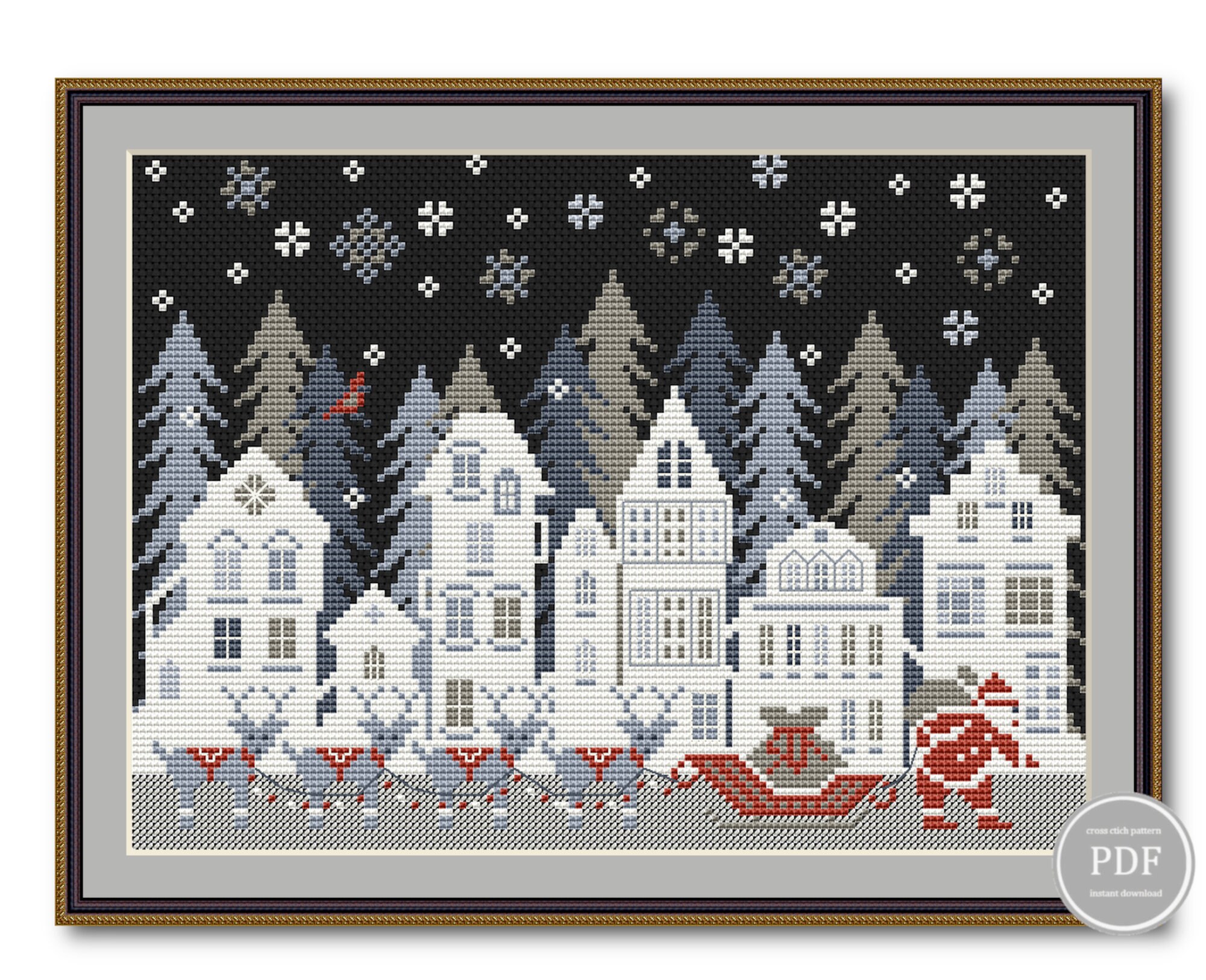 Christmas Town Cross Stitch Pattern – Santa Claus and Reindeer Winter ...