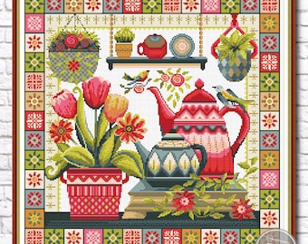 Gráfico de Ponto Cruz de Natureza Morta Floral, Amostra de Cozinha em Estilo Folk com Flores, Bule de Chá e Frutas Vermelhas, Gráfico em PDF para Ponto Cruz, Decoração de Parede 550