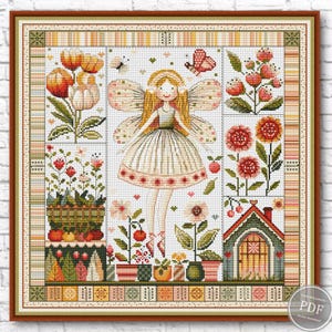 Flower Fairy Cross Stitch Pattern, Whimsical Cross Stitch, Flower Fairy Sampler, Flowers Cross Stitch Pattern, Instant Download PDF 538
