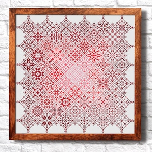 Punto de cruz patchwork rojo Patrón punto de cruz iridiscente Muestra cuadrada Gráfico punto de cruz Punto de cruz simple Adorno cuáquero