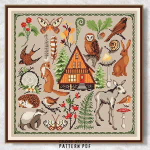 Schema punto croce foresta PDF Cucitura cottage nel bosco Schema punto croce natura fauna selvatica Ricamo moderno Download immediato