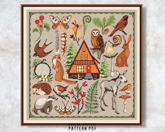 Preview of Forest cross stitch pattern PDF Woodland cottage stitching Wildlife Nature cross stitch chart Modern embroidery Instant download by NARAxStitchPatterns