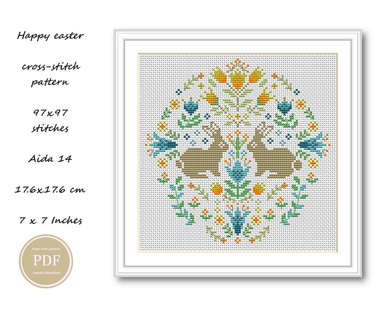 Easter Bunny Cross Stitch Pattern PDF - Floral Wreath Egg Hunt Design ...