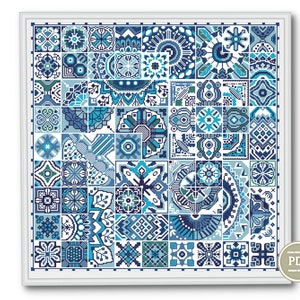 Blaues Mosaik Kreuzstichmuster PDF, Quäker Fliesen Stickmuster, Arabische Volkskunst inspiriert, Monochrom Sofort Download Design 224