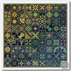 May include: A cross-stitch pattern featuring a grid of 64 colourful squares, each with a unique geometric design. The squares are predominantly black, green, yellow, and blue.