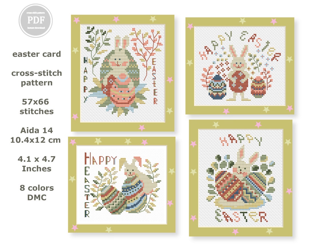 Happy Easter Cross Stitch Pattern Set - Easter Bunny Postcards, Gift ...