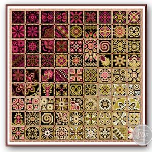Muestra de patrón de punto de cruz en PDF Fucsia: muestrario de arte popular geométrico en PDF, gráfico de bordado de patchwork con azulejos étnicos, descarga instantánea 334