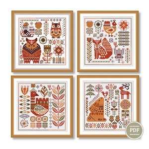 Skandynawski wzór krzyżykowy Zestaw 4 wzorów, Skandynawski prymitywny wzór x-stitch, Forest Sampler Natychmiastowe pobieranie pliku PDF