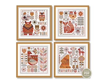 Scandinavian Cross Stitch Pattern Set of 4 Pattern, Scandinavian x-stitch Primitive Sampler, Forest Sampler Instant PDF Download