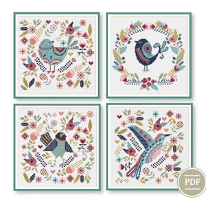 Set of 4 Patterns Cross Stitch Scandinavian Birds Modern Embroidery Primitive Sampler Nordic Style Instant Download PDF Digital File
