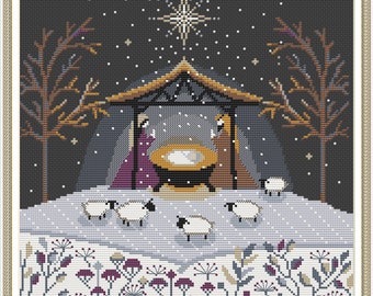 Nativity Cross Stitch Pattern – Christmas Embroidery PDF, Modern Manger Scene with Garland, Holy Night Nativity, Instant Digital Download