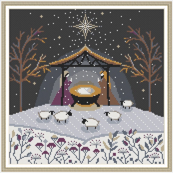 Preview of Nativity Cross Stitch Pattern – Christmas Embroidery PDF, Modern Manger Scene with Garland, Holy Night Nativity, Instant Digital Download by NARAxStitchPatterns