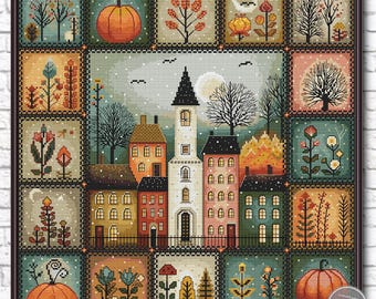 Patrón de punto de cruz Pueblo de Otoño en PDF, Muestra de Casa de Otoño, Punto de Cruz de Calabaza y Botánica, Patchwork Vintage, Descarga Instantánea 580