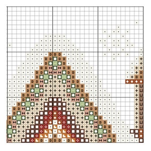 PDF cross stitch pattern of a cozy gingerbread house with holiday decorations, ideal for Christmas and New Year projects.