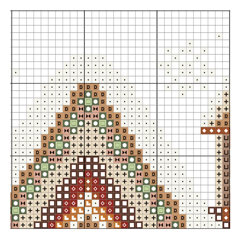 PDF cross stitch pattern of a cozy gingerbread house with holiday decorations, ideal for Christmas and New Year projects.