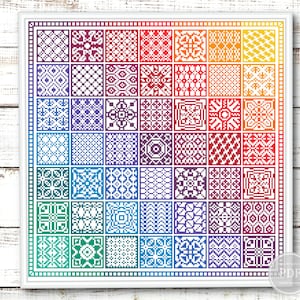 Muestrario de punto de cruz arcoíris en PDF: Patrón de bordado patchwork colorido, gráfico moderno de mosaicos geométricos, descarga digital instantánea (295)