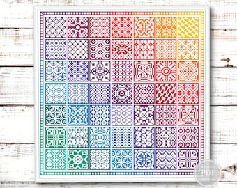 Rainbow Cross Stitch Sampler PDF – Colorful Patchwork Embroidery Pattern – Geometric Tiles Modern Chart – Digital Instant Download 295