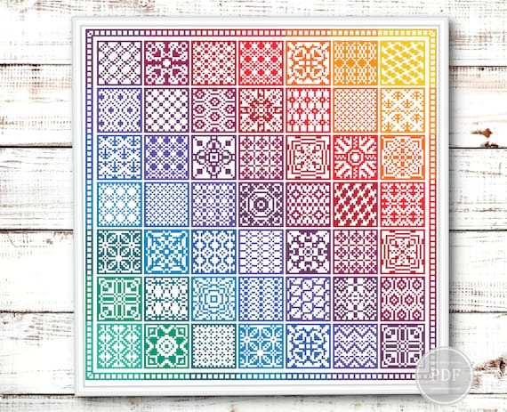 Preview of Rainbow Cross Stitch Sampler PDF – Colorful Patchwork Embroidery Pattern – Geometric Tiles Modern Chart – Digital Instant Download 295 by NARAxStitchPatterns