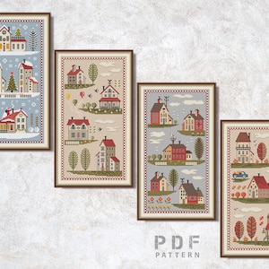 Cross stitch Season set of 4 pattern PDF Primitive xstitch Village cross stitch Counted cross stitch chart Winter Spring Summer Autumn