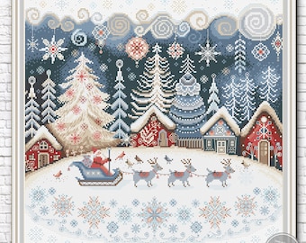Gráfico de Ponto Cruz de Vila Natalina em PDF, Bordado Rústico de Inverno, Trenó do Papai Noel e Renas, Árvore Nevosa, Download Instantâneo 542