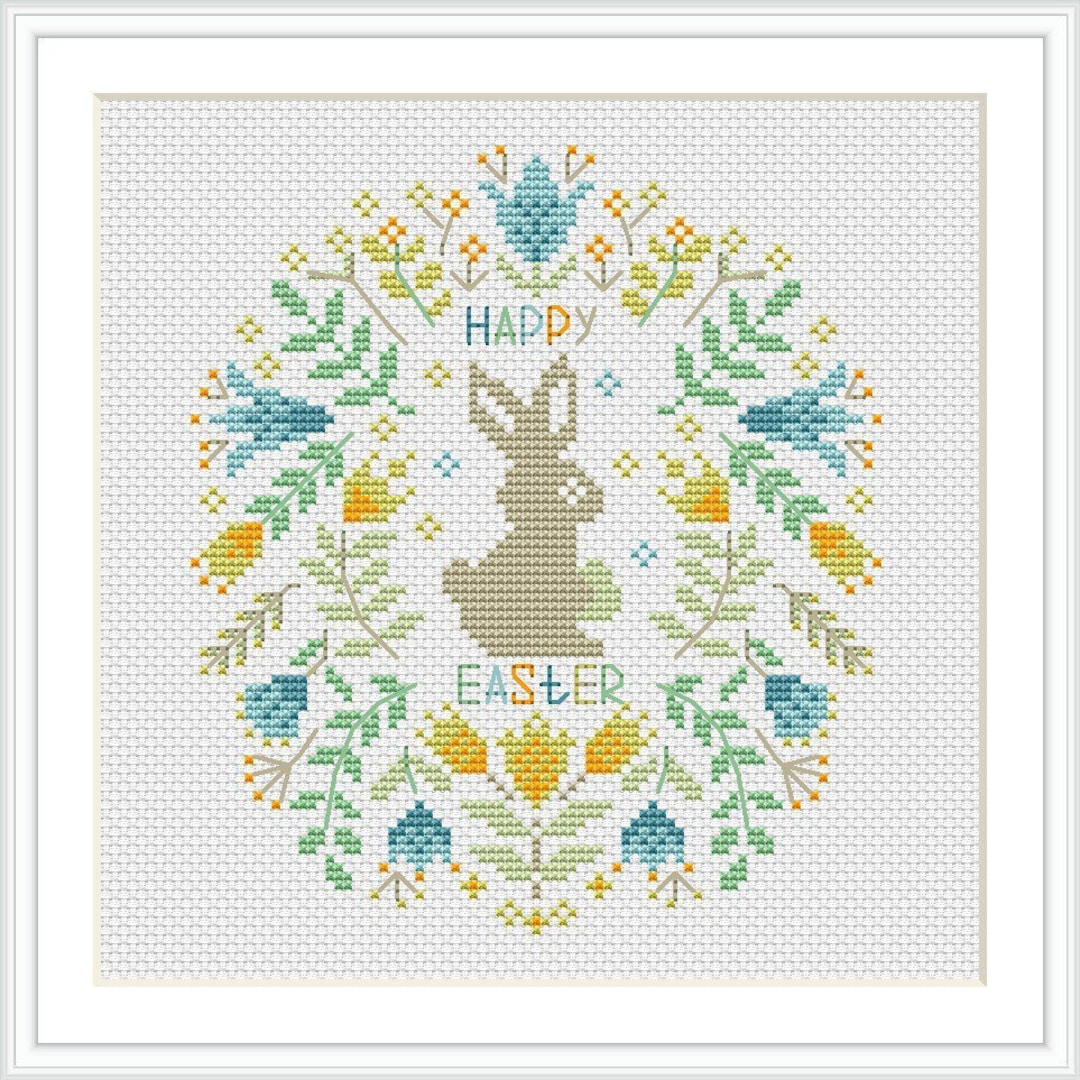Cross Stitch Pattern Easter Bunny With Flower Wreaths - Egg Hunt ...
