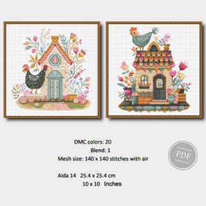 May include: Two framed cross-stitch artworks. One features a house with a rooster, the other a house with a hen. Both are surrounded by flowers and Easter eggs. The mesh size is 10 x 10 inches.