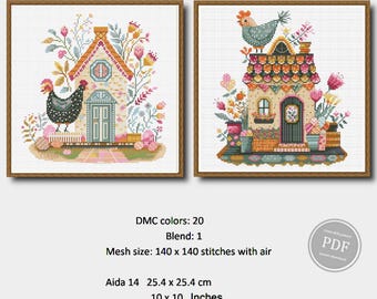 Conjunto de gráficos de ponto cruz para decoração de Páscoa, casa de galinhas, chalé de primavera, pacote de bordado em PDF para download instantâneo, kit DIY moderno para decoração de feriados.