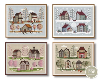 Cross Stitch Pattern Sampler 4 seasons pattern set Village Embroidery Digital PDF File Instant Download