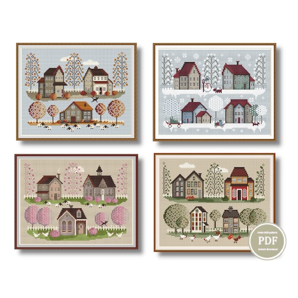 Cross Stitch Pattern Sampler 4 seasons pattern set Village Embroidery Digital PDF File Instant Download