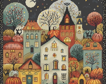 Patrón de punto de cruz de otoño en PDF, pueblo de Halloween, calabazas y gatos, casa tenebrosa de cuento de hadas, estilo vintage, descarga instantánea 579