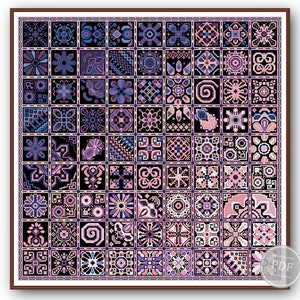 Muestra de patrón de punto de cruz en PDF: cuadrados geométricos étnicos en rosa, gráfico de bordado de patchwork de arte popular, descarga instantánea 336