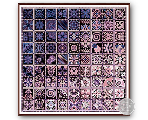 Preview of Cross Stitch PDF Pattern Swatch Pink – Ethnic Geometric Squares Sampler PDF, Folk Art Patchwork Embroidery Chart, Instant Download 336 by NARAxStitchPatterns