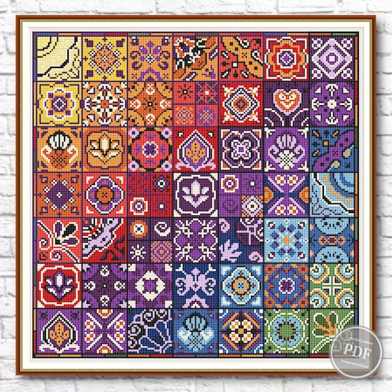 Preview of Rainbow Patchwork Cross Stitch #1. Rainbow Cross Stitch Pattern. Modern Cross Stitch. Turquoise Patchwork - Ethnic Folk Art. Pattern PDF 458 by NARAxStitchPatterns