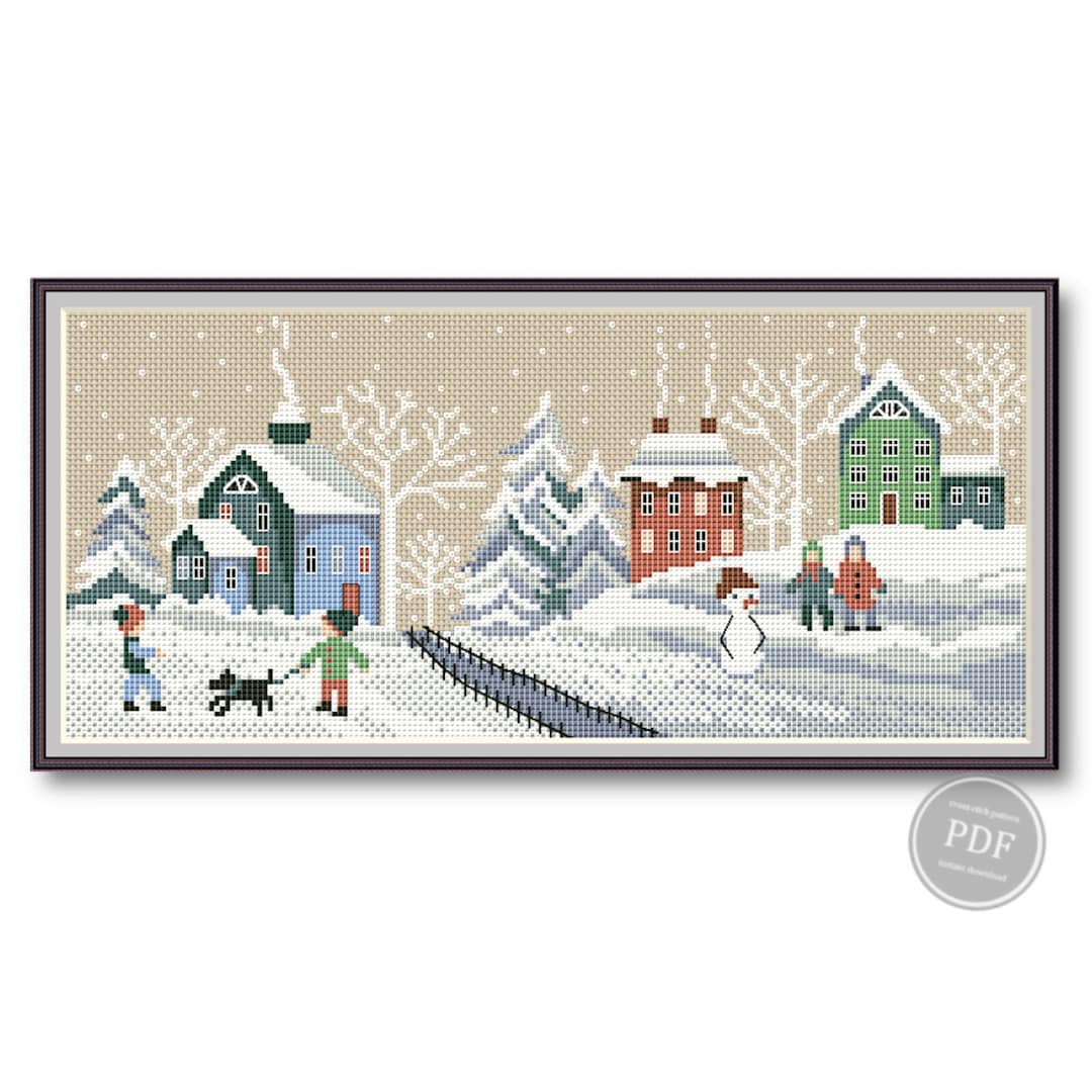 Winter Cross Stitch Pattern PDF – Christmas Village Sampler, Primitive ...