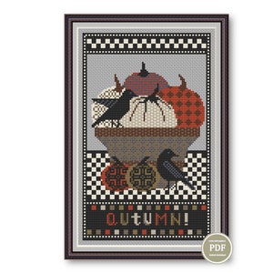 Halloween Cross Stitch Pattern – Autumn Sampler with Crows and Pumpkins, Primitive Fall Decor, Digital PDF Instant Download 179
