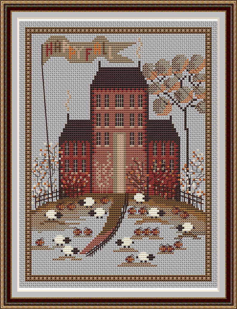 Autumn Village Sampler Cross Stitch Pattern Pumpkins Embroidery Digital ...