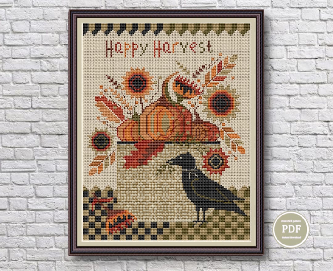 Cross Stitch Pattern Autumn Harvest Sunflowers Pumpkins and Crow Happy ...