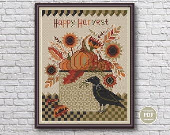 Autumn Harvest Cross Stitch Pattern PDF, Crow Sunflower Pumpkin Sampler, Primitive Fall Decor, Happy Harvest Wall Art Chart 219