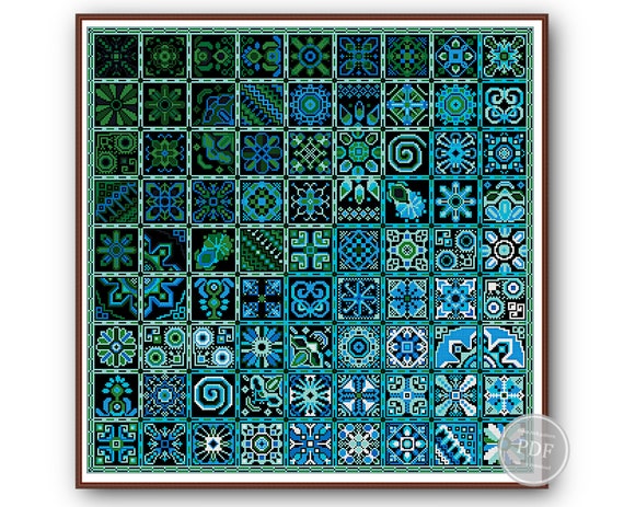 Preview of Cross Stitch Pattern Patchwork Swatch Blue – Geometric Folk Art Squares Sampler – Ethnic Mosaic Embroidery Chart – PDF Instant Download 335 by NARAxStitchPatterns